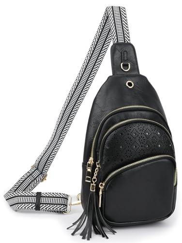 Yigerlee Schultertasche für Damen, PU-Leder, Umhängetasche, Bauchtasche, Brusttasche für Reisen, Radfahren, Wandern, Schwarz, Modisch