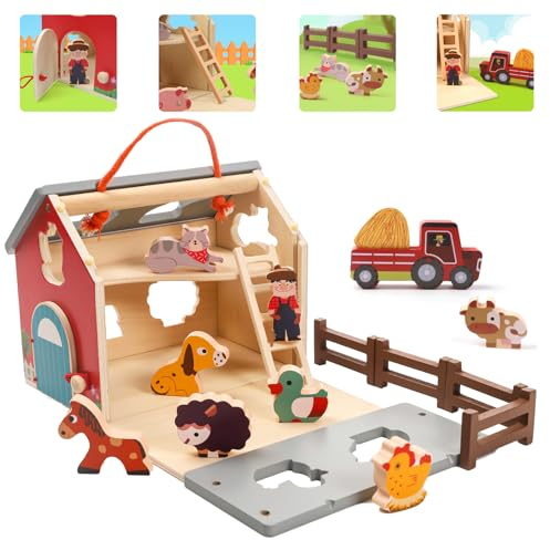 XIAPIA Bauernhof Steckspiel ab 2 Jahr 17 Stück, Montessori Spielzeug für 1 2 3 Jahre Jungen Mädchen mit 8 Holztiere 8 Bausteine, Farm Motorikspielzeug Sortierspiel Kinderspielzeug Geburtstag Geschenk