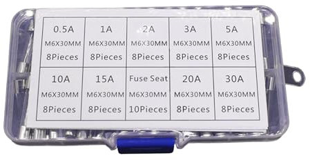 9 Werte, 72 Stück, träge Glasrohrsicherungen, Sortiment, 6 x 30 mm, 250 V, 0,5 A/1/2 A/3 A/5 A/10 A/15 A/20 A/30 A, Sicherungen, Glasrohrsicherungen, 6 x 30 mm, träge Glasrohrsicherungen