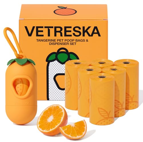 VETRESKA Dog Poop Bag Dispenser with Citrus Scented Waste Bags, Leak Proof, Extra Thick and Large Pet Poop Bags for Walking Dog and Cats Litter, 1 Count Holder and 105 Bags, Orange