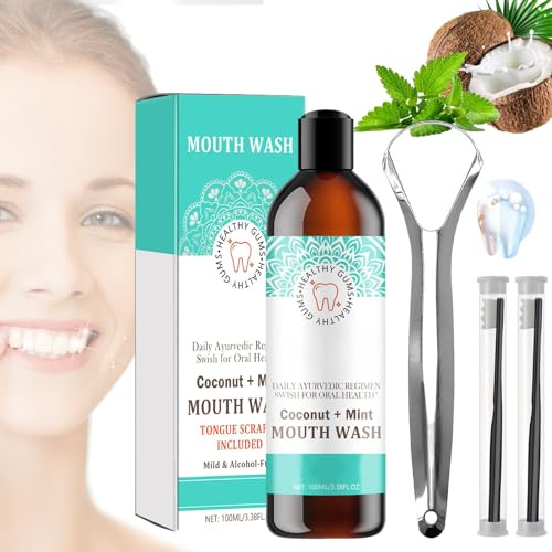 Coconut Mint Mouthwash,Coconut Pulling Oil,Coconut Oil Pulling for Teeth Whitening,Natural Coconut & Peppermint Oil Mouthwash with Tongue Scraper (1pcs)