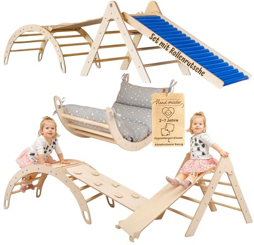 WoodsCraft 4in1 Set: Rollenrutsche, Kletterdreieck, Kletterbogen & Rampe | mit hypoallergen Kissen für Kletterbogen, holz Montessori Klettergerüst indoor, Babyrutsche, Klettern Baby & Kinder