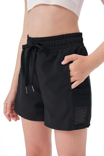 T.H.L.S Girls Athletic Shorts with Spandex Liner Quick Dry Running Fitness Shorts for Kids Teen Active Sports Track Black