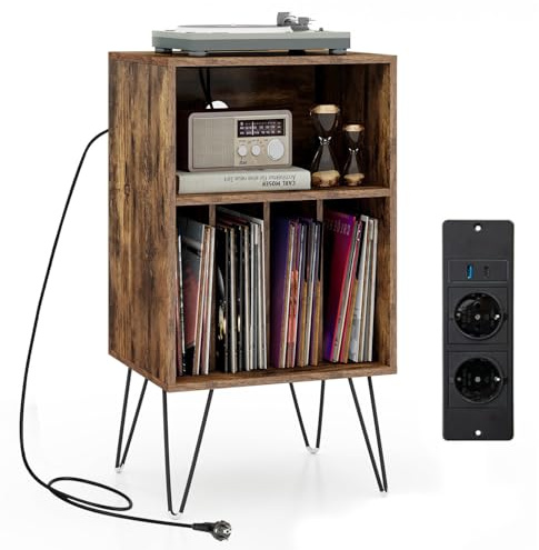 GIANTEX Mesa Auxiliar para Tocadiscos de 3 Niveles, Estantería de Discos de Vinilo con Estante y 4 Divisores, Mesita de Noche con Estación de Carga (Marrón Rústico)
