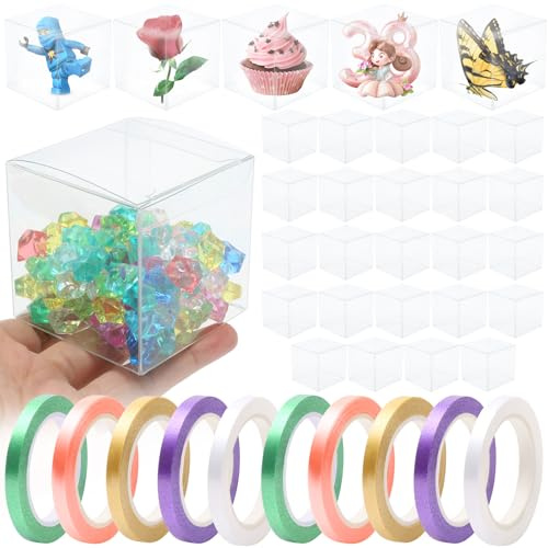 30 Stück Kunststoff Geschenkbox Klein (6x6x6cm), Transparente Geschenkboxen Plastik, Geschenkbox Hochzeit Durchsichtig mit Rollen Geschenkband für Süßigkeiten, Hochzeit, Party