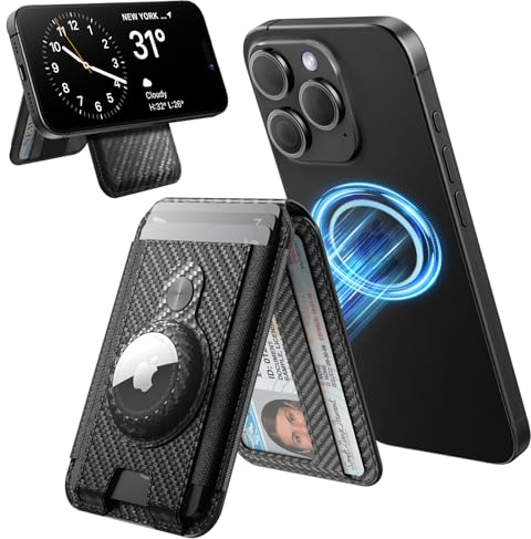 LanJevyEno 4-in-1 Mag-Safe Wallet mit AirTag Halter Magnetische Geldbörse für iPhone 16/15/14/13/12 Serie, 3-Kartensteckplätze mit einem Riemen um Bargeld Carbon Fiber Mag Safe Geldbörse, Schwarz