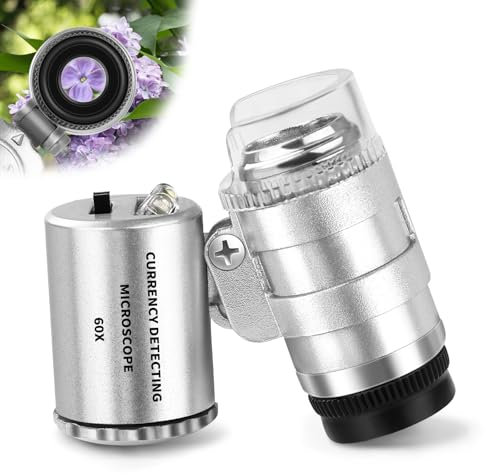 JUOIFIP Juwelier Lupe 60X mit Licht Mini Mikroskop,Taschenmikroskop Edelsteinelupe mit LED/UV Licht Trichome Lupe Handy Mikroskop Vergrößerungsglas für Enge Arbeit, Schmuck,Münzen,Briefmarken