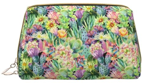 Leather Makeup Bag, Watercolor Blooming Cactus Cosmetic Bags Travel Toiletry Bag for Women, Make up Bag, Large Capacity Makeup Bag Organizer, Cute Makeup Pouch Makeup Case