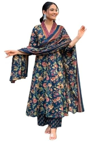 Aizza Trends Cotone da donna Febric Hand Block Floral Print Kurti con Plazzo stampato e Dupatta Set, Blu, X-Large