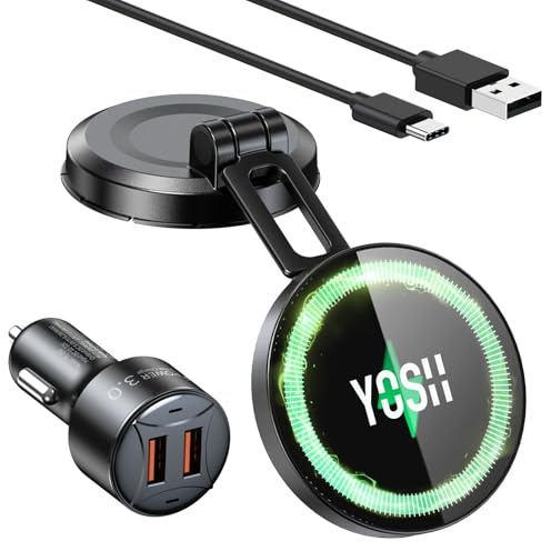 YOSH Support Telephone Voiture Induction [15W Charge Rapide] Chargeur Magsafe Voiture sans Fil [Pliable & Magnétique], pour Tableau de Bord, pour iPhone 16/15/14/13/12, avec Chargeur Véhicules 36W