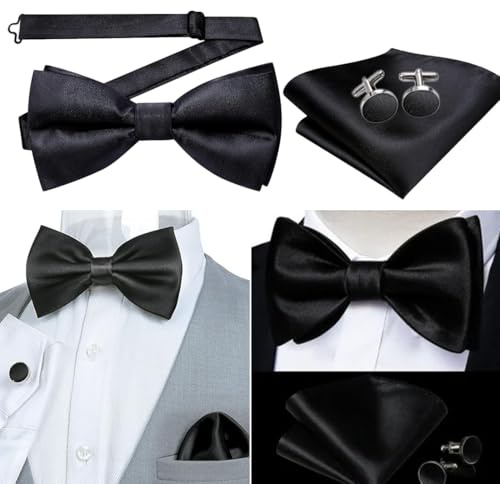 FENQURO Papillon da Uomo, Papillon Uomo Nero Regolabili, Papillon da Annodare con Gancio, Papillon Pre-legati in Tinta Unita per Adulto e Bambini, Cravatta a Farfalla per Matrimoni, Feste