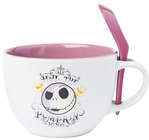 Silver Buffalo Nightmare Before Christmas Hail Pumpkin King - Taza de cerámica para sopa de 680.4 g con cuchara