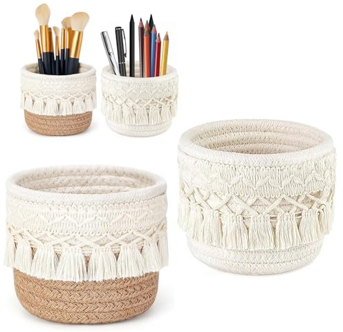 Boho Makramee Stifthalter Set, 2 Stück, Schreibtisch Organizer mit Quasten, 12 cm x 10 cm, Beige und Jute