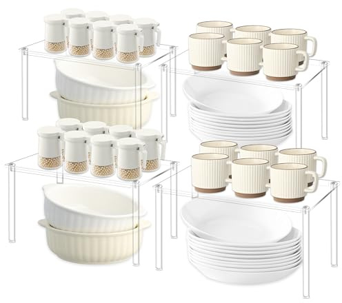 RumonZS 4 Pack Acrylic Clear Cabinet Spice Rack Food Display Stand Shelves Organizer Storage Rack for Dounter Desk Kitchen Pantry Bathroom Coffee Station Craft Room