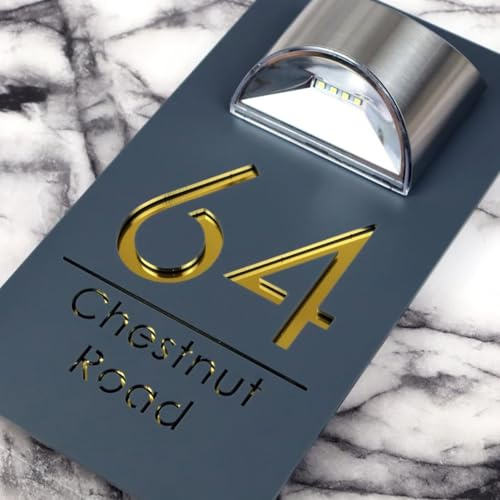 Personalisiertes Solar-Adressschild, beleuchtete Hausnummern für draußen, personalisiertes 3D-Solar-Türschild, Hausnummern für den Außenbereich (Grau + Gold)