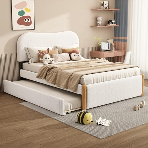 Cama plana acolchada con cama nido plegable, cama individual moderna con estructura de tablero de fibra de densidad media, cabecero suave, diseño que ahorra espacio, fácil de montar