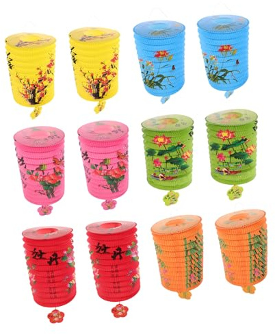 Zerodeko Linternas de Papel Chinas Tradicionales Tipo Acordeón 16 Cm 12 Piezas Estampado Floral Multicolor Reutilizables para Decoración Festiva del Año y Hogar