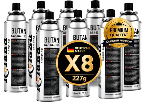 Roland Camping Butan Gaskartusche 227g – 8 Stück Gaskartuschen für Schweißbrenner Gaskocher, Lötbrenner & Heizung – Premium Qualität Butangas für Outdoor & Camping (8 Gas)
