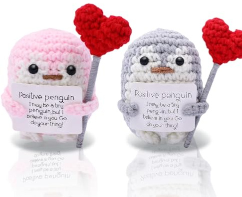 YRPACFB Mini Funny Positive Penguin, Knitted Penguin Doll with Positive Card, Emotional Support Crochet Doll, Romantic I Love You Gift for Couples Wife Husband - 2Pcs