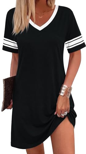 Bresdk Chemise de Nuit Femme Coton Col V Manches Courtes Évasée | Robe de Nuit Femme Été en coupe évasée pour nuits d’été, réveils confortables et détente douce à la maison
