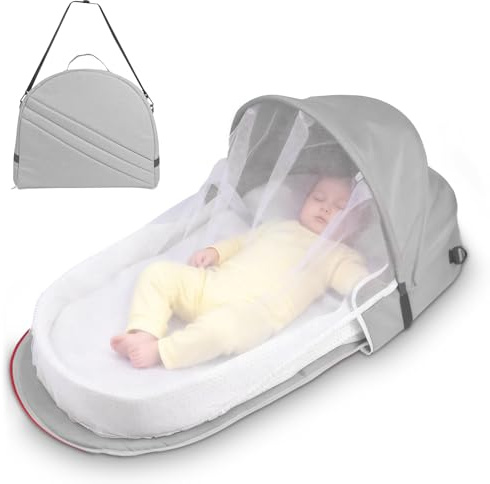WoRaum Portable Baby Reisebett – Faltbares Stubenwagen mit Moskitohaube – Atmungsaktives Netz & Schnellaufbau in 1 Minute – Inklusive Matratze & Tragetasche – Leicht & Kompakt (Hellgrau-BYA)
