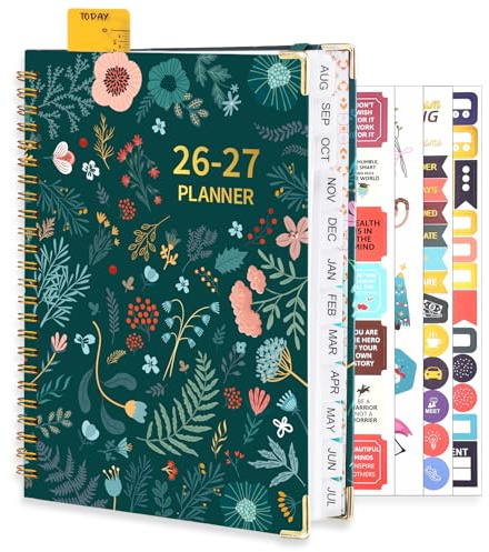 Academic Diary 2026/27, A5 Weekly Planner, Aug 2026-Jul 2027, Green Flower | Week to View, Hardcover, Spiral Bound, Lays Flat, with Monthly Tabs, Thick Paper, Include Ruler Bookmark and 4 Sticker Sheets