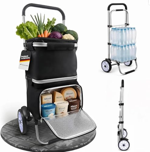 Allyson® Einkaufstrolley 50L Wasserabweisende Tasche mit Kühlfach Schwarz | Zwei Fächer, klappbar, stoßdämpfende Schaumstoffräder für Treppen, Aluminiumrahmen, geeignet für Wocheneinkauf