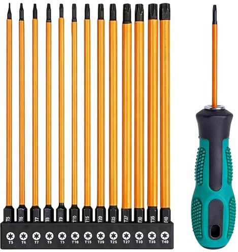 Juego de 14 destornilladores Torx largos, 150 mm, calidad industrial, puntas de acero S2 T5 hasta T40, con mango antideslizante, para reparación de coches, motos, ordenadores y electrodomésticos