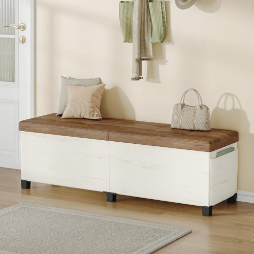 Hzuaneri Banc de Rangement, Revêtement Lin, 40 x 140 x 44 cm, Blanc Marron