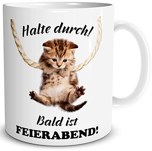 TRIOSK Lustige Katzen Tasse mit Spruch Halte Durch - Niedliches Katzenmotiv Geschenk für Katzenliebhaber, Kaffeefreunde, Freundin & Kollegen - Büro & Arbeit - Keramik 300 ml
