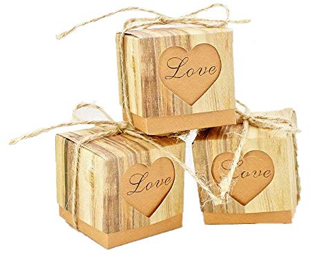 JZK 50 x LOVE Herz rustikal Schachteln Papier für Party Geschenkboxen für Hochzeiten Konfetti-Box braunes Kraftpapier Kleine Süßigkeitenbox für Hochzeit, Jahrestag, Geburtstag, Babyparty, Taufe