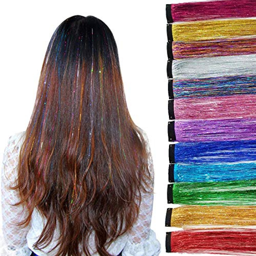 Haar Lametta Stränge Glitzernde Haarsträhnen Hair Tinsel Extensions 12 Farben Funkelndes Glänzendes Haarlametta-Verlängerung Hightlights Glitter