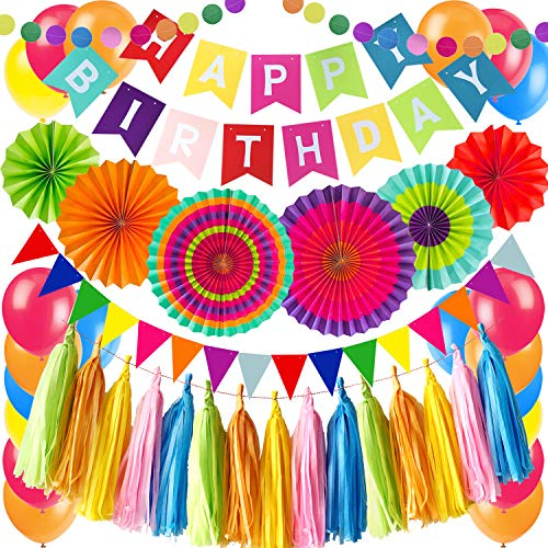 ZERODECO Decoración de Cumpleaños, Happy Birthday Banderola de Papel abanico de Flores Banderines de Bandera Tricolor Pañuelo de Papel y Globo Decoración de Happy Birthday (Multicolor)