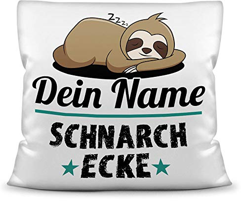 Print Royal Kissen inkl. Füllung Faultier PERSONALISIERT mit Wunschname für - Ihr Name Schnarchecke - Kuschelkissen/Lustige Geschenkidee/Freunde/Familie/Geburtstag - Kissen Weiß