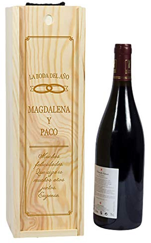 CALLE DEL REGALO Caja de madera para botellas de vino grabada con título, nombres y dedicatoria