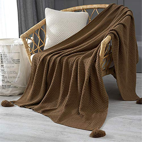HANHAN Gestrickte Decke mit Quaste, Kuscheldecke Strickdecke Waschbar Sofadecke Weiche Überwürfe Tagesdecke für Stuhl, Couch, Sofa und Bett,110x240cm,Braun