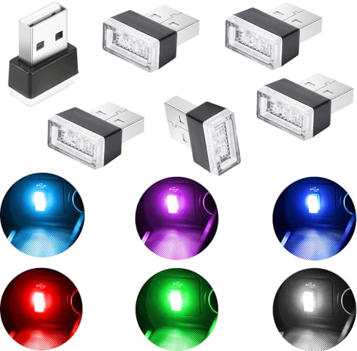 CTRICALVER Luci d'atmosfera a LED per auto – USB monocromatico LED per interni (5 pezzi, rosso, rosa, viola, blu, bianco, blu ghiaccio, verde)