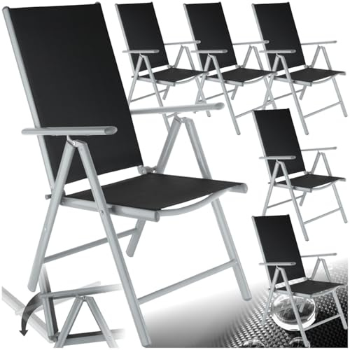 tectake® Aluminium Gartenstuhl 6er Set, Klappstuhl mit 7-facher Neigungsverstellung und hoher Rückenlehne, Gartenmöbel Set mit 6 Stühlen, klappbar, ideal für Garten, Terrasse und Balkon - Silber