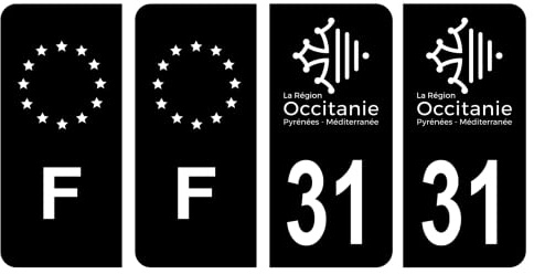 HADEXIA Nummernschild-Aufkleber, französisches Departement 31, Haute-Garonne Region Okzitanien, Schwarz und F, Frankreich, Europa, 4 Stück