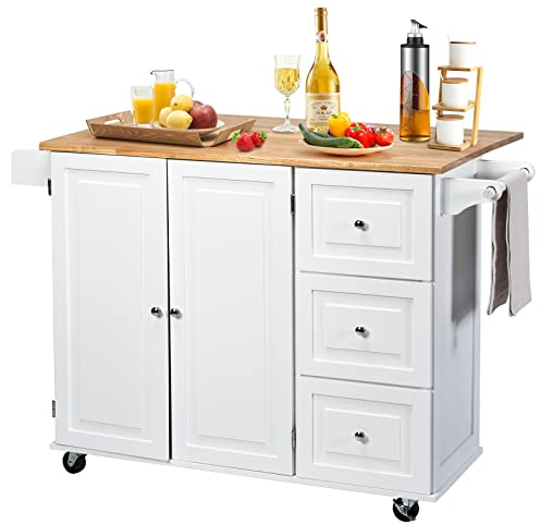 GIANTEX Carrello da Cucina, Credenza Mobile Salvaspazio, Ruote con 2 Freni, Piano Pieghevole, 2 Ripiani Regolabili, 3 Cassetti, 2 Ante, Portaspezie e Portasciugamano, 111x76x91 cm, Bianco