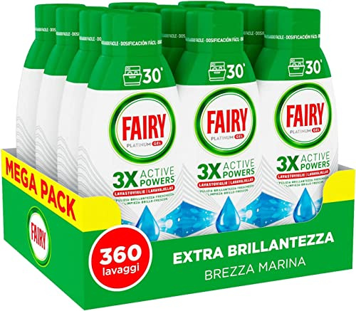 Fairy Detersivo Lavastoviglie Gel Liquido, 360 Lavaggi, Confezione da 12 Bottiglie, Platinum Brezza Marina, Dona Extra Brillantezza Alla Lavastoviglie, Combina Pulizia Brillantezza E Freschezza