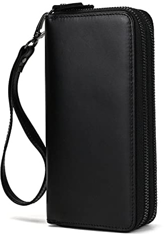 LUUFAN Portafogli in vera pelle con doppia cerniera Portafoglio lungo con pochette in pelle di grande capacità con cinturino da polso