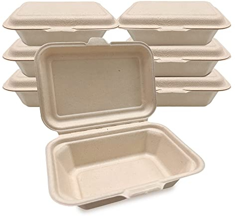DISPOSABLE GREEN – Bagasse Clamshell Food Containers, Disposable Food Containers, Takeaway Boxes for Hot, Cold, Wet, & Oily Food, WHITE Meal Prep Container, 450 ml, 50-Pcs