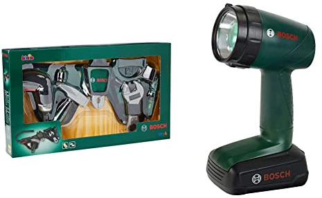 Theo Klein 8493 Bosch Werkzeuggürtel | Mit batteriebetriebenem Akkuschrauber Ixolino und zahlreichem Werkzeug & 8448 Bosch Akku-Lampe | Batteriebetriebene Lampe um 90 Grad drehbar | 4 Lichtfarben