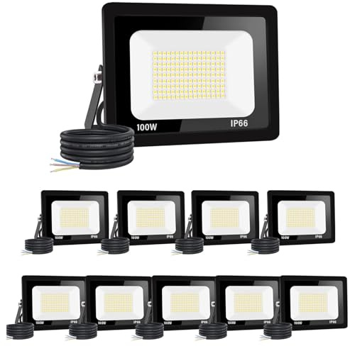 【10 pieces】 100 W outdoor LED spotlight 10000 LM IP66 waterproof LED spotlight outdoor super bright outdoor lighting cold white (6000 k) safety led spotlight for stadiums, factories, car park, garage,