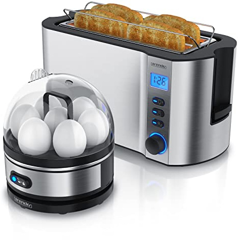 Arendo - SET Toaster MANHA mit Eierkocher SEVENCOOK Edelstahl Silber, Toaster 4 Scheiben LED-Display 6 Bräunungsgrade Brötchenhalter, Eierkocher 1-7 Eier Messbecher