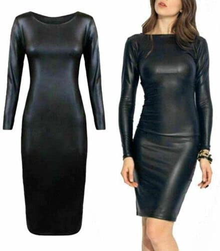 R&N FASHIONS, Miniabito da Donna con Maniche Lunghe in Effetto Bagnato, in PU, Bodycon Midi in Finta Pelle - Perfetto per Ogni Evento - Semplice & Elegante Abito Nero, Nero , S-M