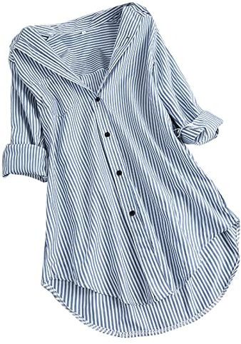 Bluse Damen Modisches Gestreiftem Druck Langarmshirt Umlegekragen Langen Ärmeln Oberteile Button Down Hemden Übergroße Hemdbluse Unregelmäßigem Saum Tunika Tops Plus Size Locker Blusentops S-5XL