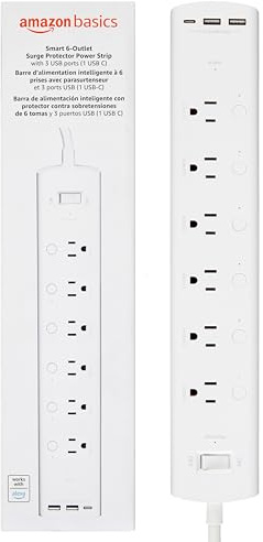 Amazon Basics Smart Plug Power Strip with 6 Individually Controlled Outlets and 3 USB Ports (2 USB-A and 1 USB-C), WiFi, Works with Alexa Only, 2.4 GHz, No Hub Required, White