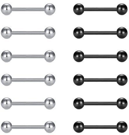 FECTAS 12stk Zunge Bars Nippel Bars Nippel Piercing Schmuck 14G 14mm Zunge Bar Piercing Edelstahl Silber Schwarz Schmuck